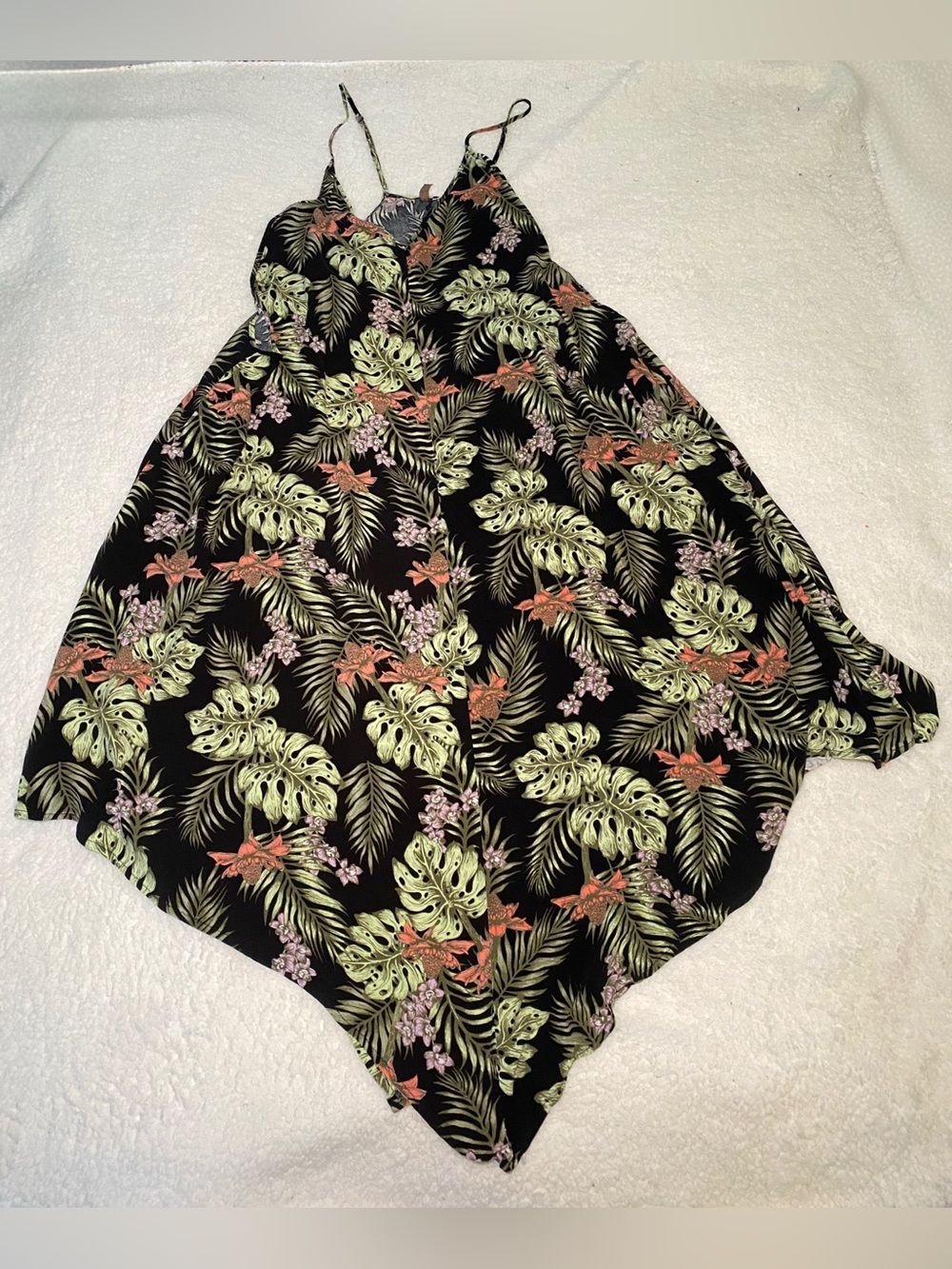 Black Tropical Asymmetrical Handkerchief Hem Dress
